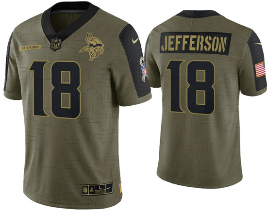 Men's Minnesota Vikings #18 Justin Jefferson 2021 Olive Salute To Service Limited Stitched Jersey