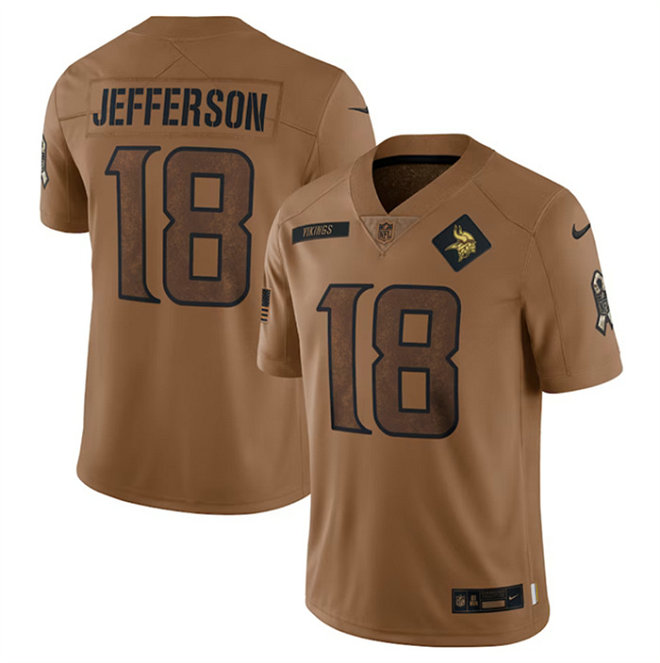 Men's Minnesota Vikings #18 Justin Jefferson 2023 Brown Salute To Service Limited Stitched Jersey