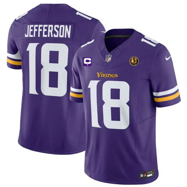 Men's Minnesota Vikings #18 Justin Jefferson Purple 2023 F.U.S.E. With 1-Star C Patch And John Madden Patch Vapor Limited Stitched Football Jersey