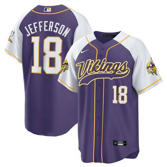 Men's Minnesota Vikings #18 Justin Jefferson Purple White Cool Base Stitched Baseball Jersey