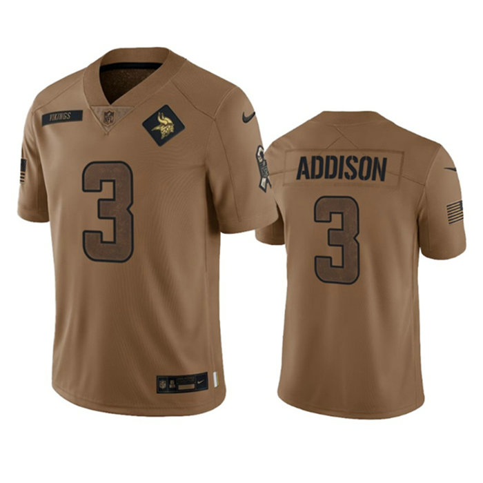 Men's Minnesota Vikings #3 Jordan Addison 2023 Brown Salute To Service Limited Stitched Jersey