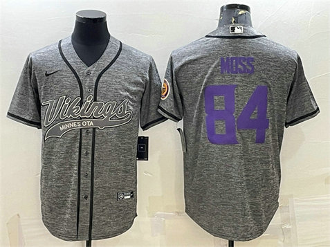 Men's Minnesota Vikings #84 Randy Moss Grey With Patch Cool Base Stitched Baseball Jersey