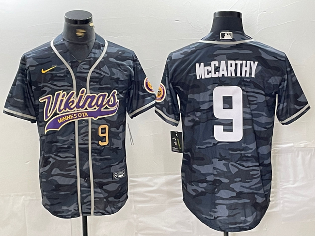 Men's Minnesota Vikings #9 J.J. McCarthy Grey Camo Cool Base Stitched Baseball Jersey 1