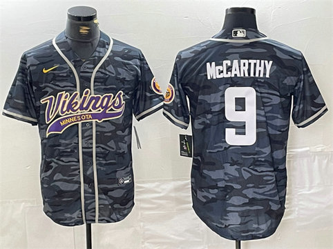 Men's Minnesota Vikings #9 J.J. McCarthy Grey Camo Cool Base Stitched Baseball Jersey