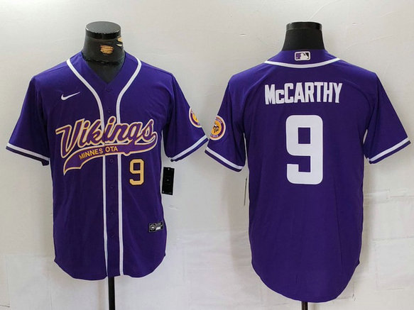 Men's Minnesota Vikings #9 J.J. McCarthy Purple Cool Base Stitched Baseball Jersey 1