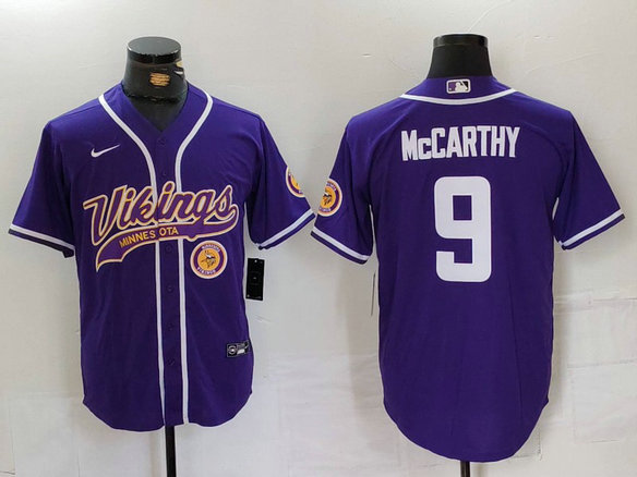 Men's Minnesota Vikings #9 J.J. McCarthy Purple Cool Base Stitched Baseball Jersey 2