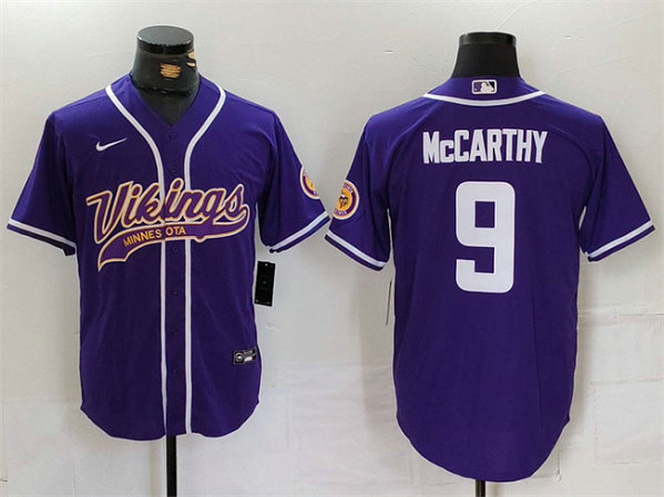 Men's Minnesota Vikings #9 J.J. McCarthy Purple Cool Base Stitched Baseball Jersey