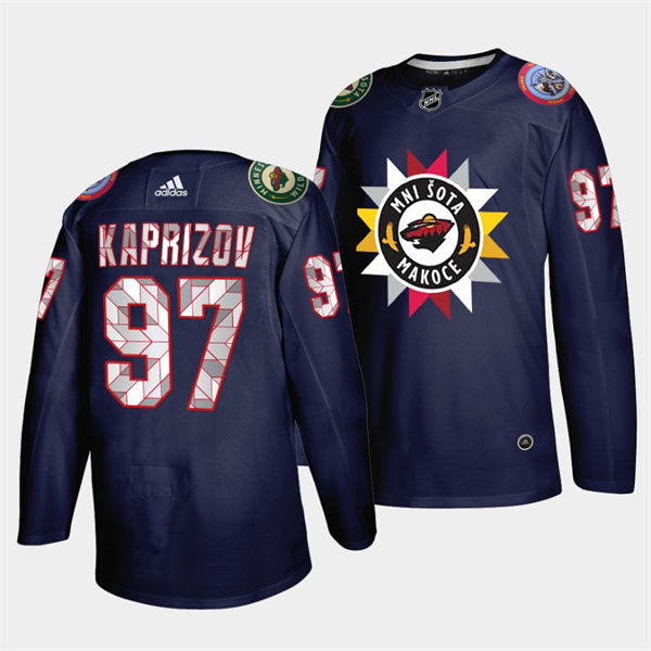 Men's Minnesota Wild #97 Kirill Kaprizov 2021 22 Navy Native American Heritage Day Stitched Jersey