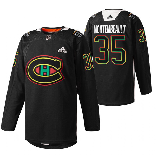 Men's Montreal Canadiens #35 Sam Montembeault 2022 Black Warm Up History Night Stitched Jersey