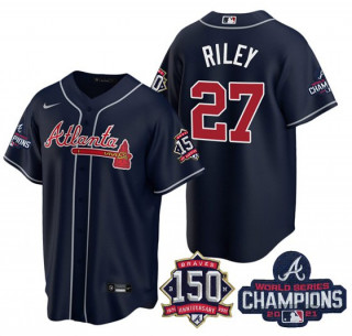 Men's Navy Atlanta Braves #27 Austin Riley 2021 World Series Champions With 150th Anniversary Patch Cool Base Stitched Jersey