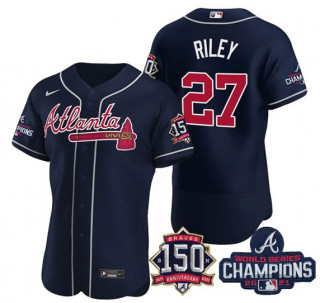 Men's Navy Atlanta Braves #27 Austin Riley Swanson 2021 World Series Champions With 150th Anniversary Flex Base Stitched Jersey