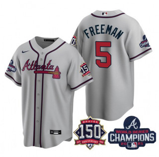 Men's Navy Atlanta Braves #5 Freddie Freeman 2021 World Series Champions With 150th Anniversary Patch Cool Base Stitched Jersey