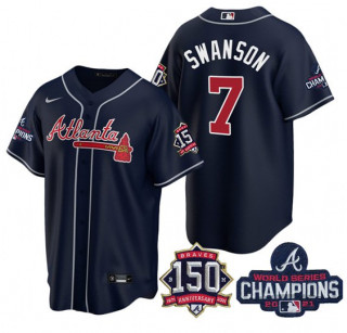 Men's Navy Atlanta Braves #7 Dansby Swanson 2021 World Series Champions With 150th Anniversary Patch Cool Base Stitched Jersey