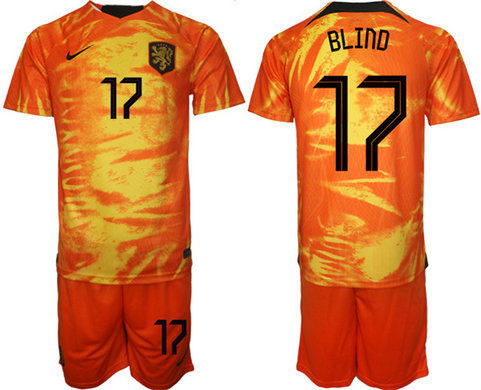 Men's Netherlands #17 Blind Orange Home Soccer Jersey Suit 1