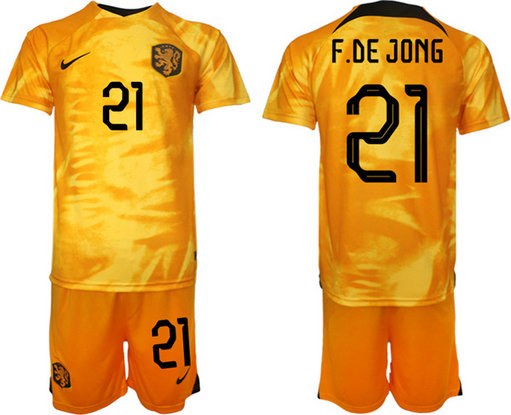 Men's Netherlands #21 F. De Jong Orange Home Soccer Jersey Suit 1