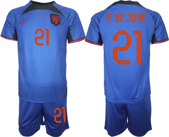 Men's Netherlands #21 F. De Jong Royal Away Soccer Jersey Suit