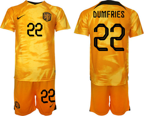 Men's Netherlands #22 Dumfries Orange Home Soccer Jersey Suit