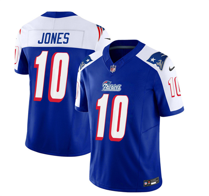 Men's New England Patriots #10 Mac Jones Blue White 2023 F.U.S.E. Vapor Limited Stitched Football Jersey