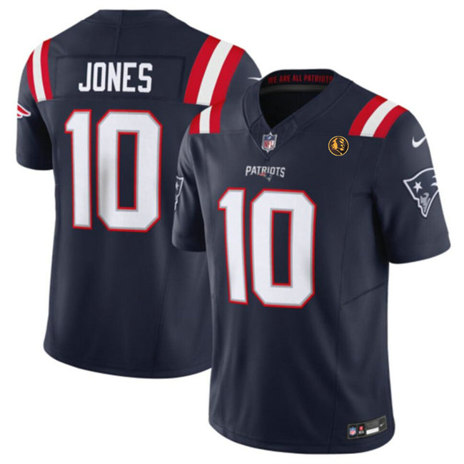 Men's New England Patriots #10 Mac Jones Navy 2023 F.U.S.E. With John Madden Patch Vapor Limited Stitched Football Jersey