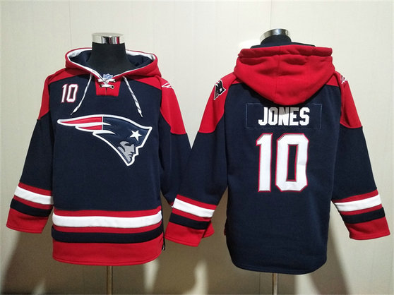Men's New England Patriots #10 Mac Jones Navy Ageless Must-Have Lace-Up Pullover Hoodie