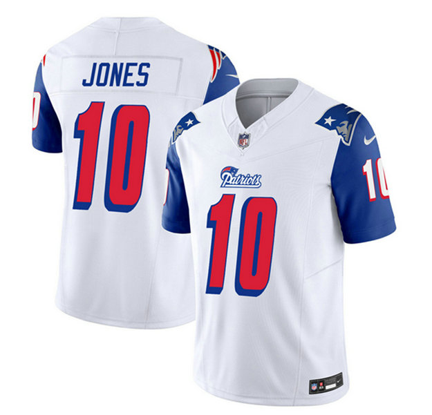 Men's New England Patriots #10 Mac Jones White Blue 2023 F.U.S.E. Throwback Limited Stitched Football Jersey