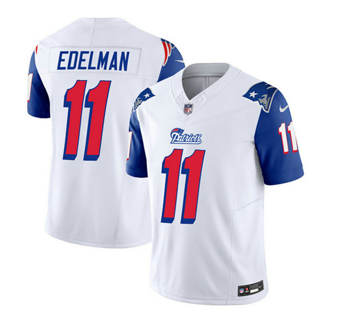 Men's New England Patriots #11 Julian Edelman White Blue 2023 F.U.S.E. Throwback Limited Stitched Football Jersey