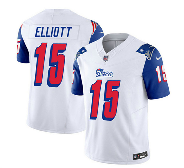 Men's New England Patriots #15 Ezekiel Elliott White Blue 2023 F.U.S.E. Throwback Limited Stitched Football Jersey