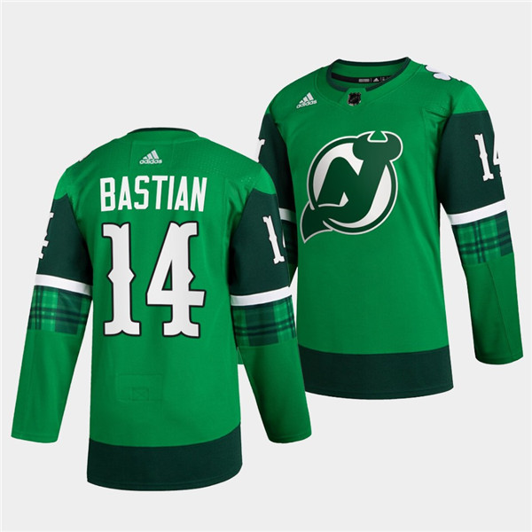 Men's New Jersey Devils #14 Nathan Bastian Green Warm-Up St Patricks Day Stitched Jersey