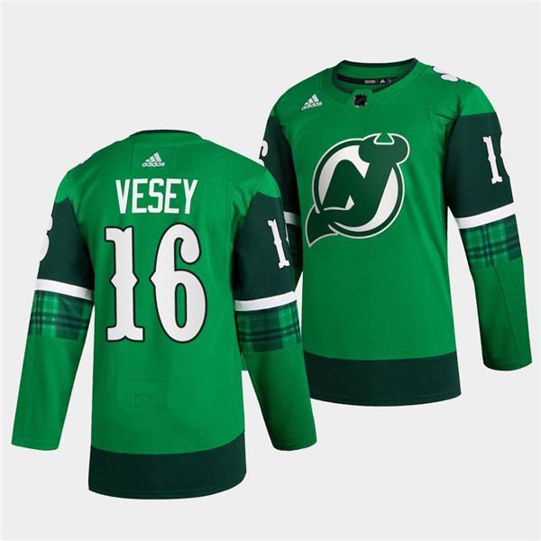 Men's New Jersey Devils #16 Jimmy Vesey Green Warm-Up St Patricks Day Stitched Jersey