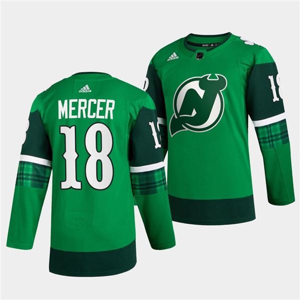Men's New Jersey Devils #18 Dawson Mercer Green Warm-Up St Patricks Day Stitched Jersey