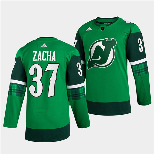 Men's New Jersey Devils #37 Pavel Zacha Green Warm-Up St Patricks Day Stitched Jersey