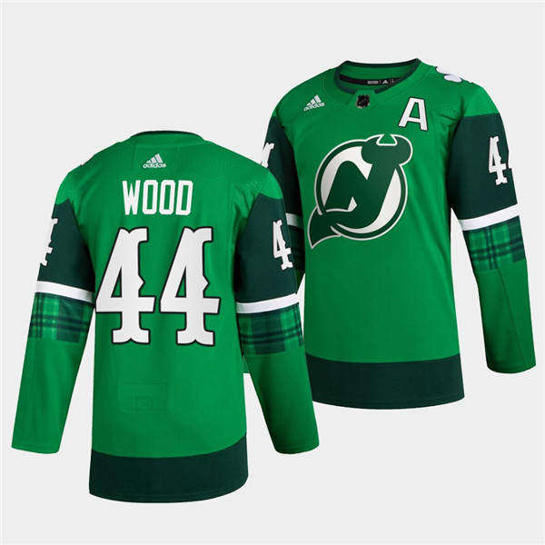 Men's New Jersey Devils #44 Miles Wood Green Warm-Up St Patricks Day Stitched Jersey