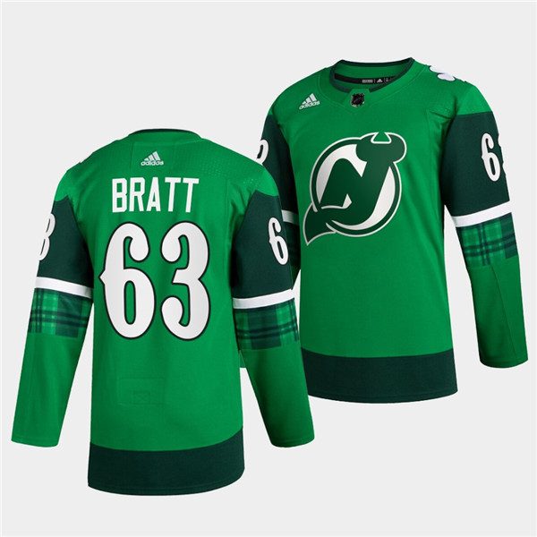 Men's New Jersey Devils #63 Jesper Bratt Green Warm-Up St Patricks Day Stitched Jersey