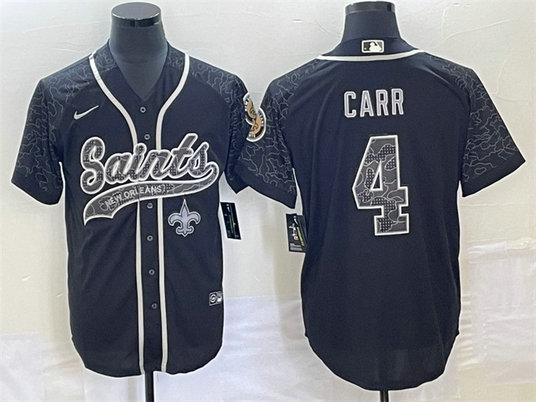 Men's New Orleans Saints #4 Derek Carr Black Reflective With Patch Cool Base Stitched Baseball Jersey