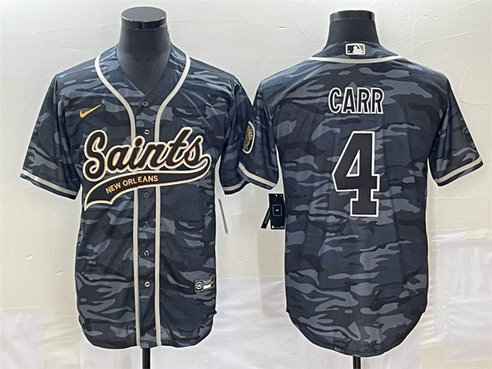 Men's New Orleans Saints #4 Derek Carr Grey Camo With Patch Cool Base Stitched Baseball Jersey