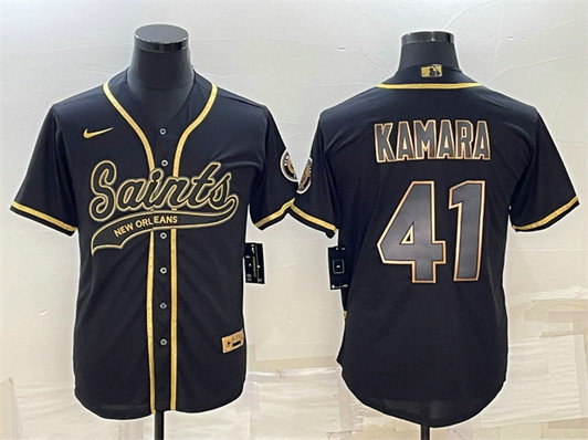 Men's New Orleans Saints #41 Alvin Kamara Black Gold With Patch Cool Base Stitched Baseball Jersey