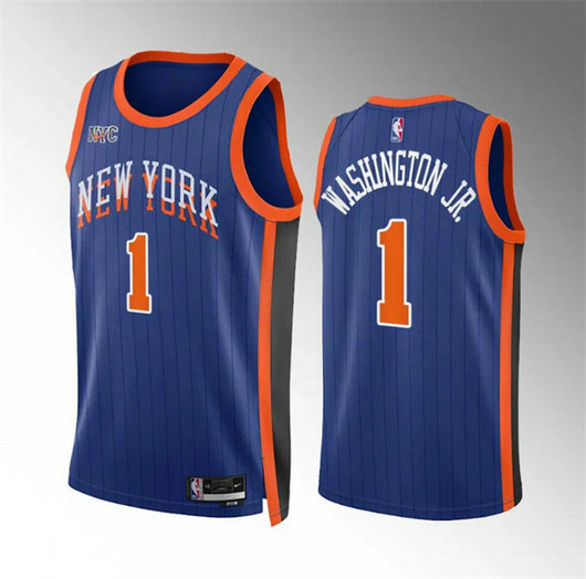 Men's New Yok Knicks #1 Duane Washington Jr Blue 2023 24 City Edition Stitched Basketball Jersey