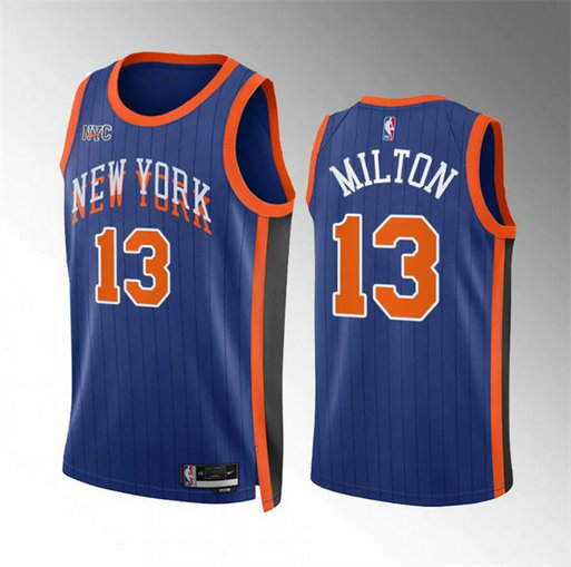 Men's New Yok Knicks #13 Shake Milton Blue 2023 24 City Edition Stitched Basketball Jersey
