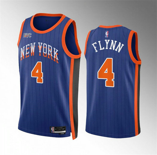 Men's New Yok Knicks #4 Malachi Flynn Blue 2023 24 City Edition Stitched Basketball Jersey