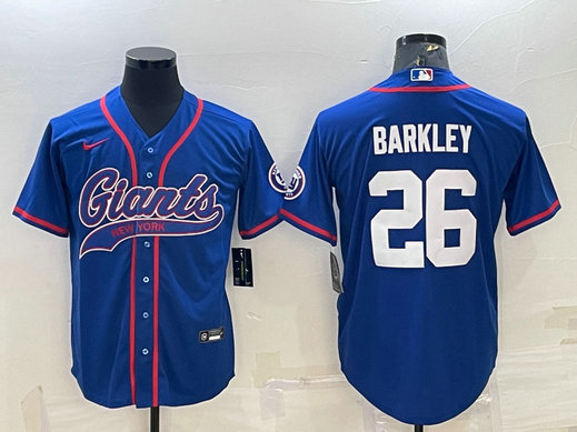 Men's New York Giants #26 Saquon Barkley Blue With Patch Cool Base Stitched Baseball Jersey