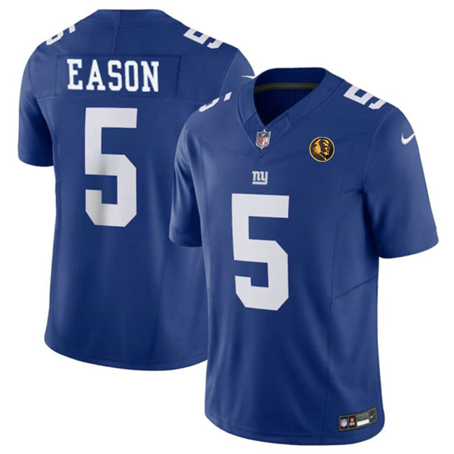 Men's New York Giants #5 Jacob Eason Blue 2023 F.U.S.E. With John Madden Patch Vapor Limited Stitched Football Jersey