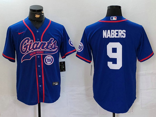 Men's New York Giants #9 Malik Nabers Royal With Patch Cool Base Stitched Baseball Jersey 1