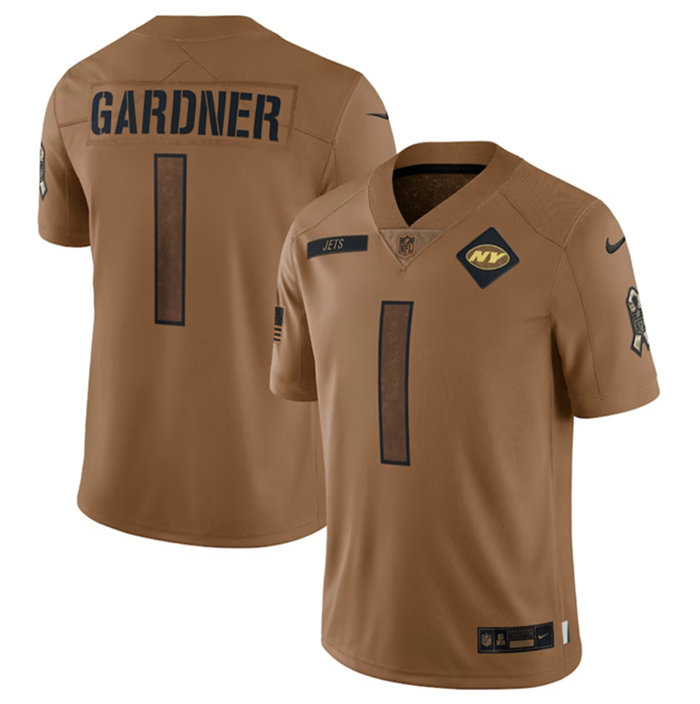 Men's New York Jets #1 Sauce Gardner 2023 Brown Salute To Service Limited Stitched Football Jersey