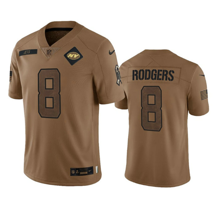 Men's New York Jets #8 Aaron Rodgers 2023 Brown Salute To Service Limited Stitched Football Jersey