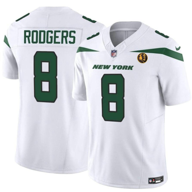 Men's New York Jets #8 Aaron Rodgers White 2023 F.U.S.E. With John Madden Patch Vapor Limited Stitched Football Jersey