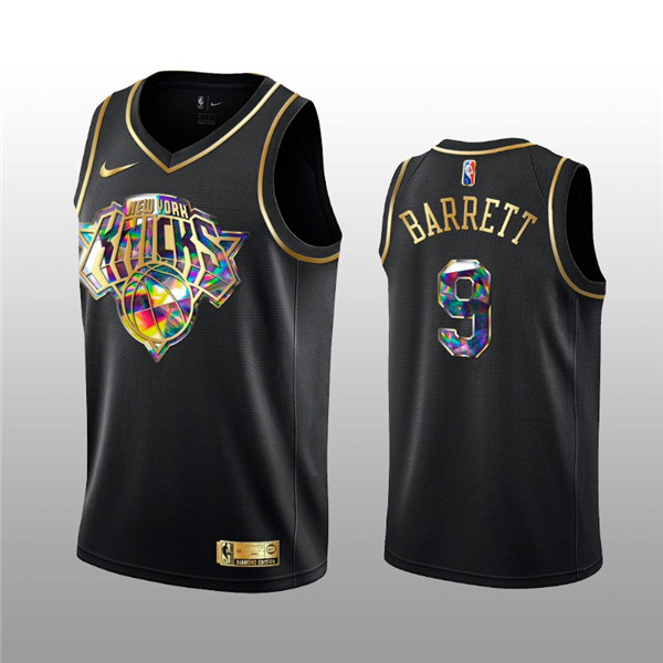 Men's New York Knicks #9 RJ Barrett 2021 22 Black Golden Edition 75th Anniversary Diamond Logo Stitched Basketball Jersey
