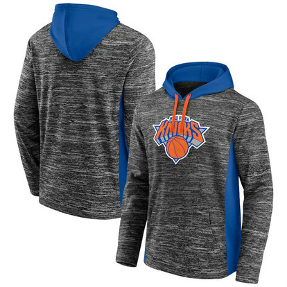 Men's New York Knicks Heathered Charcoal Blue Instant Replay Color Block Pullover Hoodie
