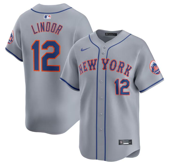 Men's New York Mets #12 Francisco Lindor Grey 2024 Away Limited Stitched Baseball Jersey