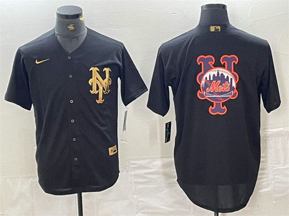 Men's New York Mets Black Team Big Logo Cool Base Stitched Baseball Jersey 3
