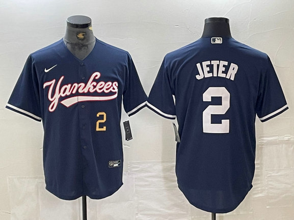 Men's New York Yankees #2 Derek Jeter Number Navy Cool Base Stitched Baseball Jersey